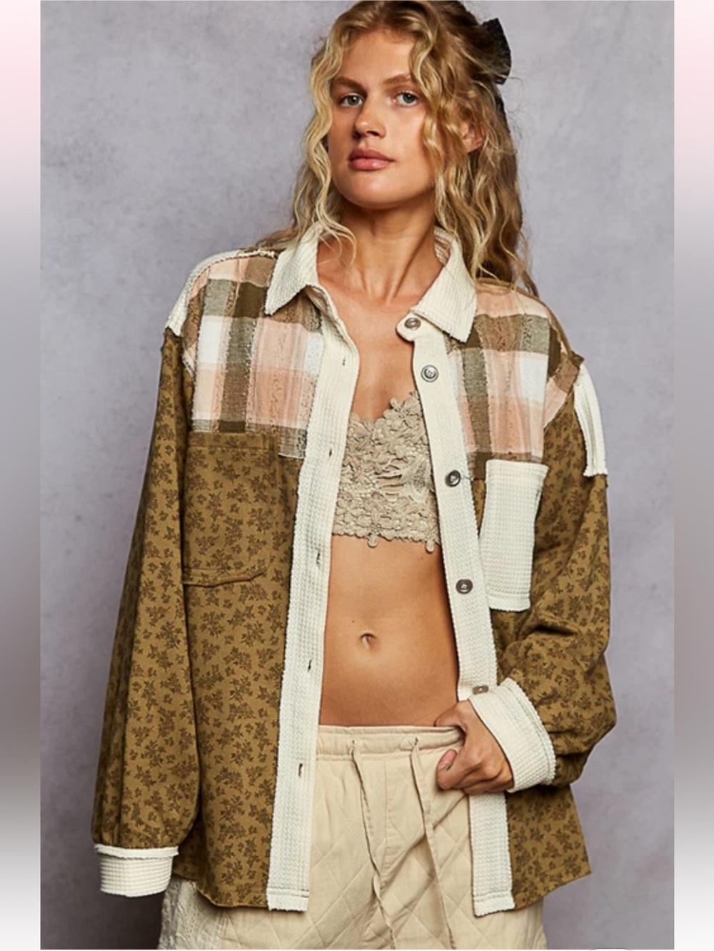 New: POL Mixed Plaid Floral Patchwork Relaxed Fit Button Front Shirt Jacket• S